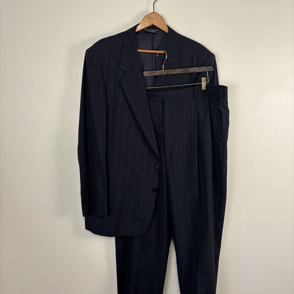 Gieves & Hawkes Savile Row Suit 48 LNG 100% Wool Pinstripe Navy Blue Franco's